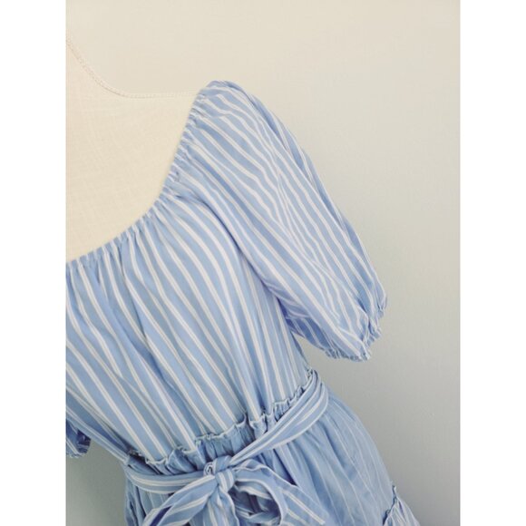 Fifteen Twenty Cotton Striped Blue White Tie Tiered Peasant Midi Cottage Dress L - Picture 8 of 13